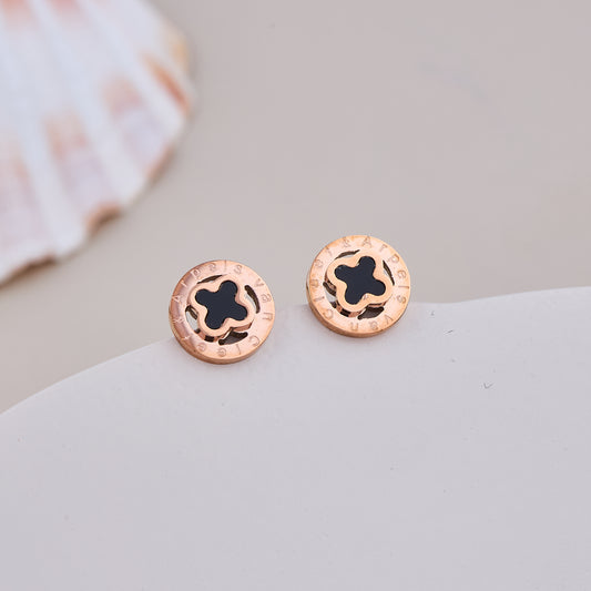Rose Gold Black Clover Engraved Stud Earrings