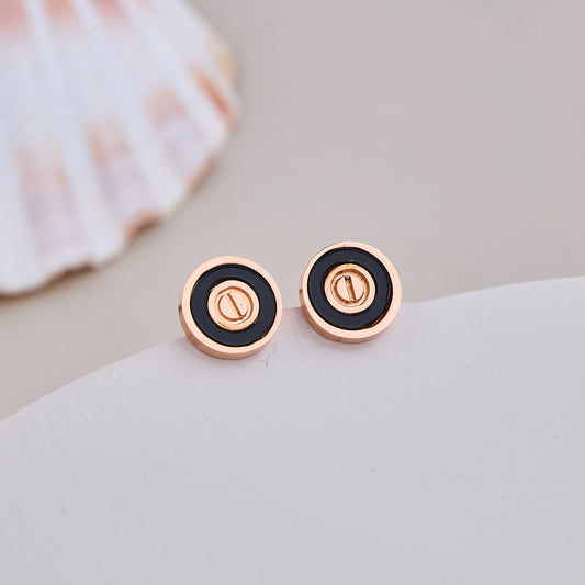 Rose Gold Black Enamel Circle Stud Earrings