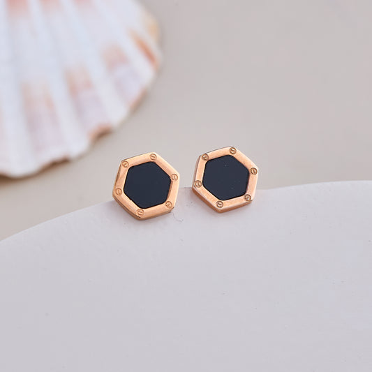 Hexagon Black Enamel Stud Earrings