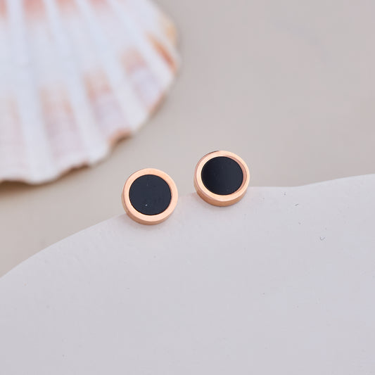 Classic Black Enamel Round Stud Earrings