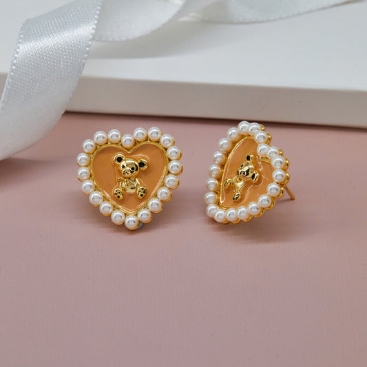 Gold Heart Earrings with Pearls Floral Elegance & Charm