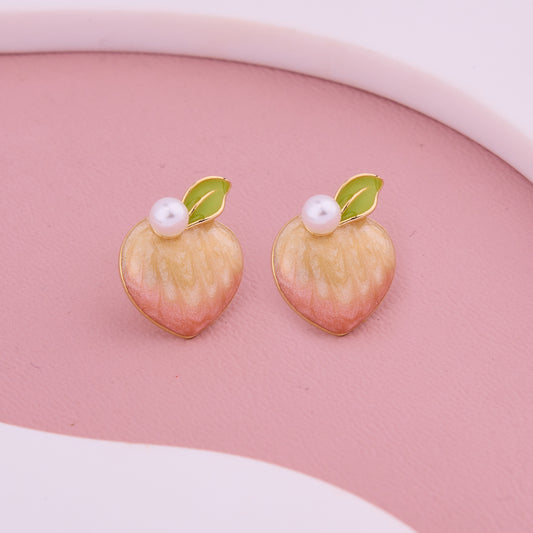 Peach Green Leaf Pearl Studs