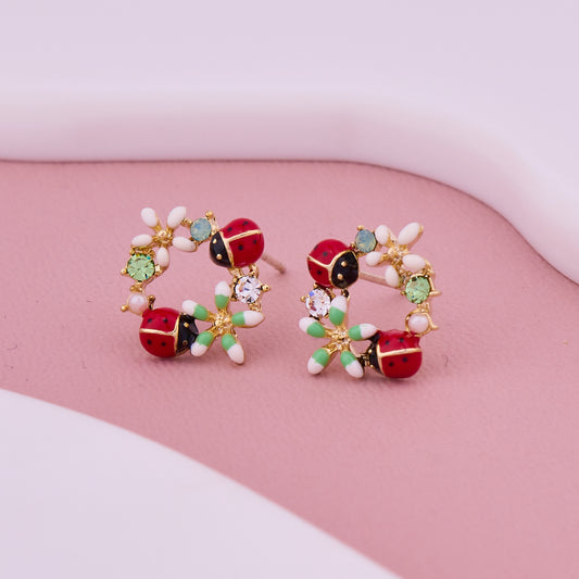 Ladybug Floral Hoop Studs
