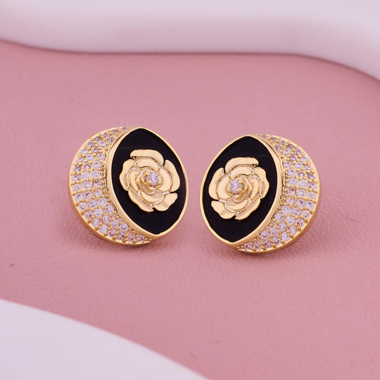 Golden Floral Dome Studs with Black Enamel & Crystals
