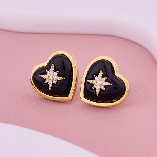 Golden Heart Studs with Black Enamel & Star Crystal Design