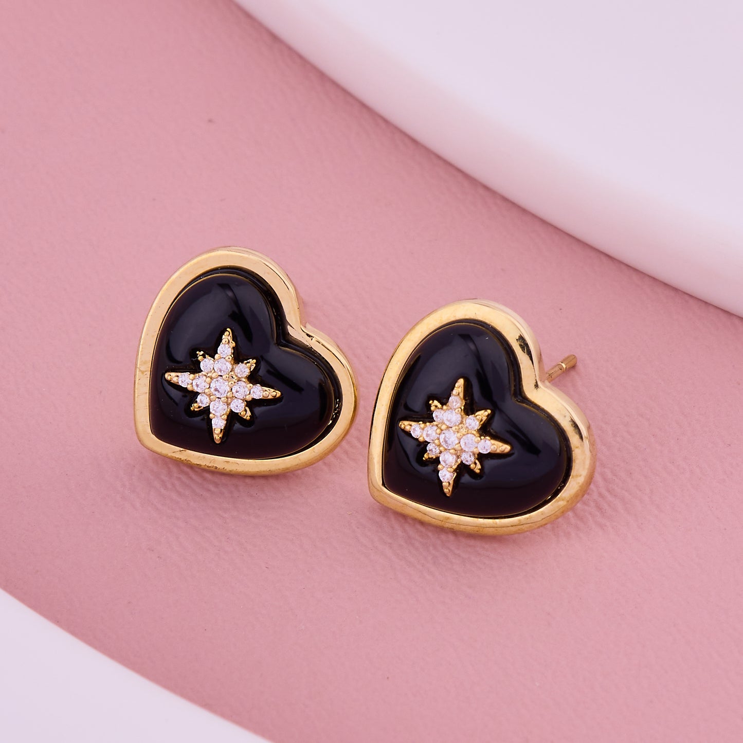 Golden Heart Studs with Black Enamel & Star Crystal Design