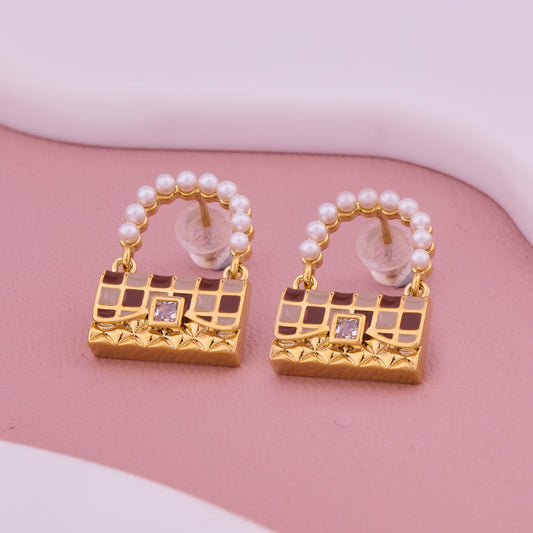 Brown Pearl Handle Handbag Earrings