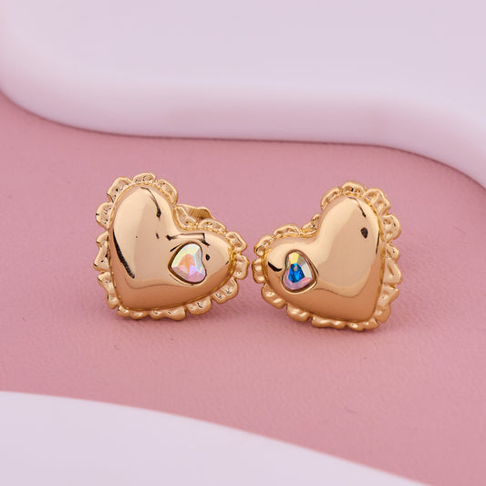 Golden Puffy Heart Crystal Earrings