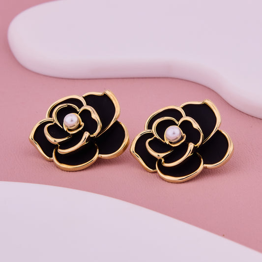 Black Floral Pearl Stud Earrings
