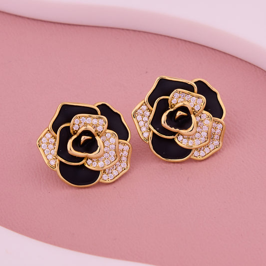 Black & Gold Rose Crystal Petal Stud Earrings