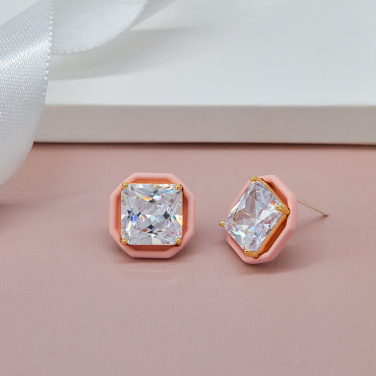 Pink Framed Earrings Enamel & Gemstone Elegance
