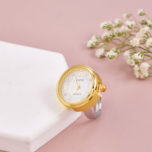 Elegant Gold-Plated Round Dial Ring Watch for Women