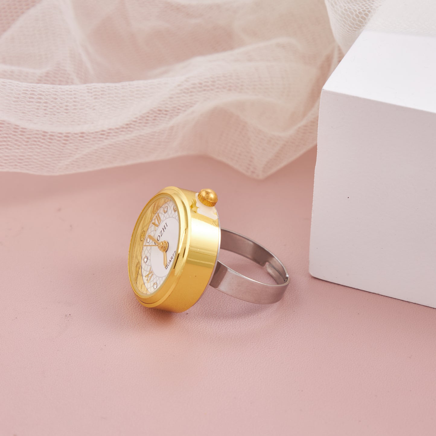 Elegant Gold-Plated Round Dial Ring Watch for Women