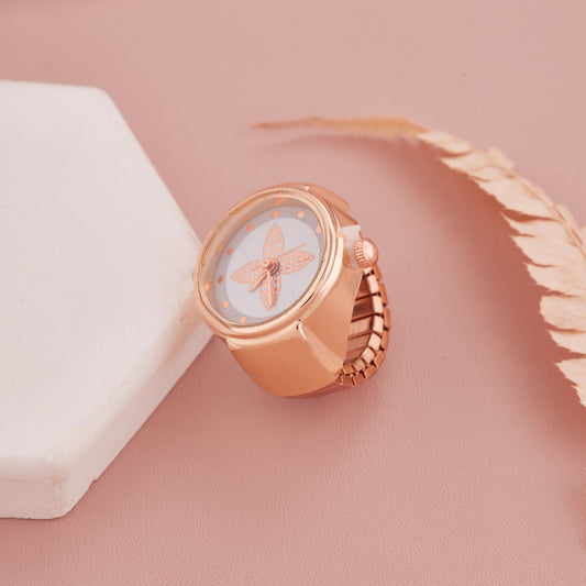 Rose Gold Ring Watch with Ornamental Floral Dial