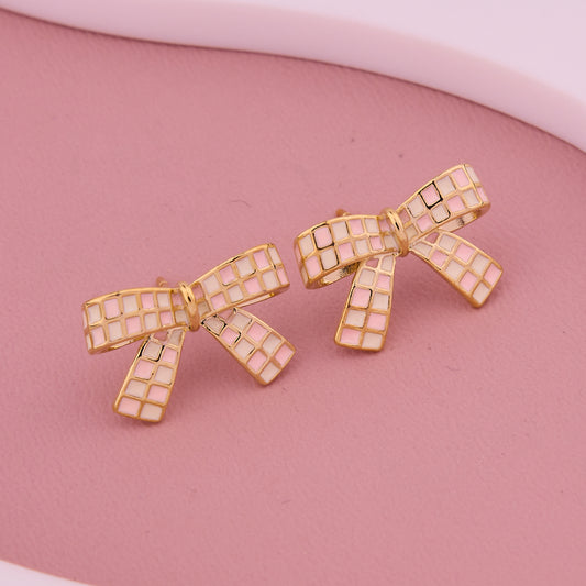 Pink & Gold Checkered Bow Tie Stud Earrings