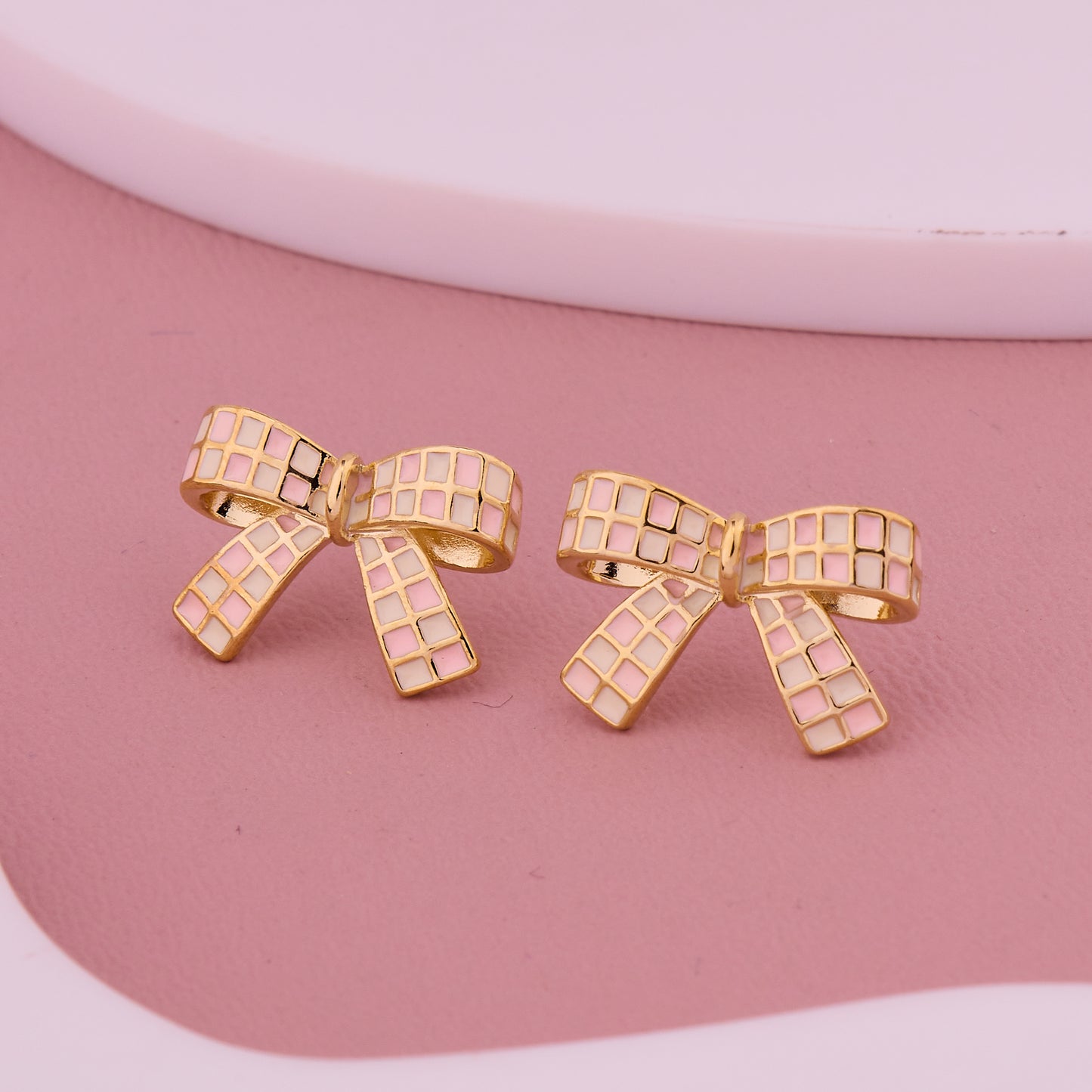Pink & Gold Checkered Bow Tie Stud Earrings