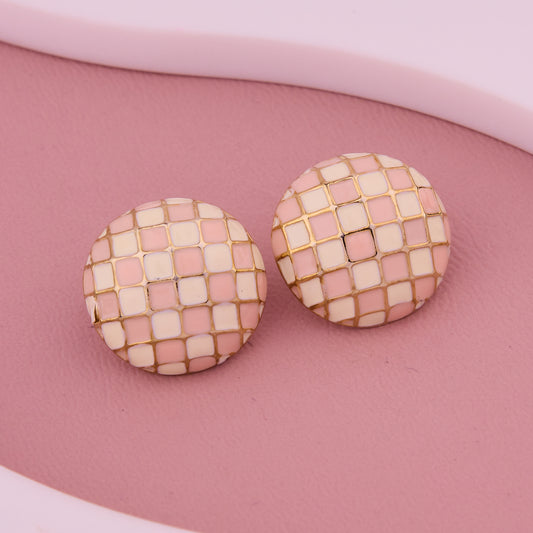 Pink & Gold Checkered Dome Stud Earrings