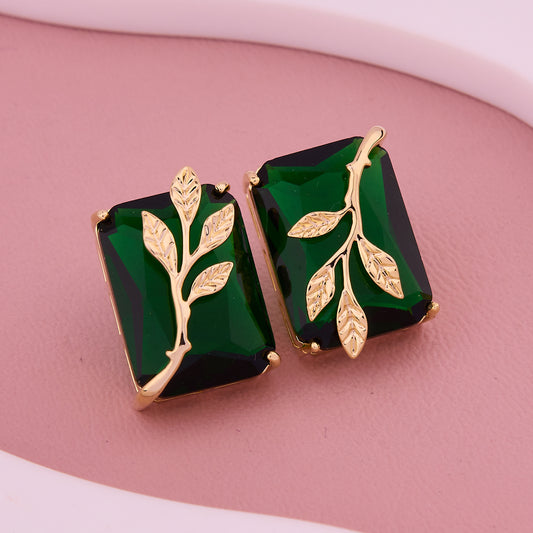 Emerald Green Gemstone Leaf Motif Stud Earrings