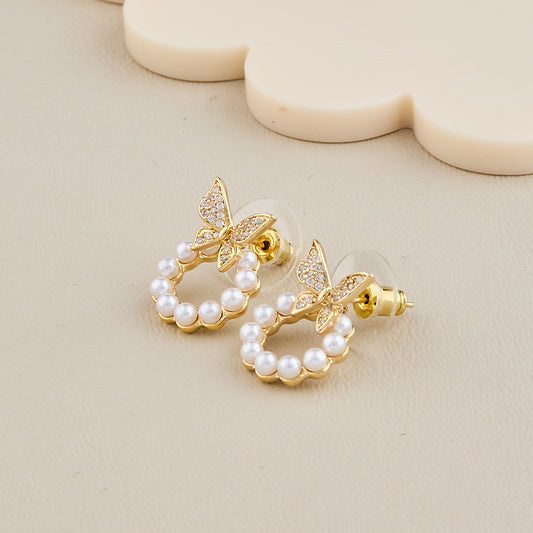 Gold Butterfly Pearl Hoop Earrings