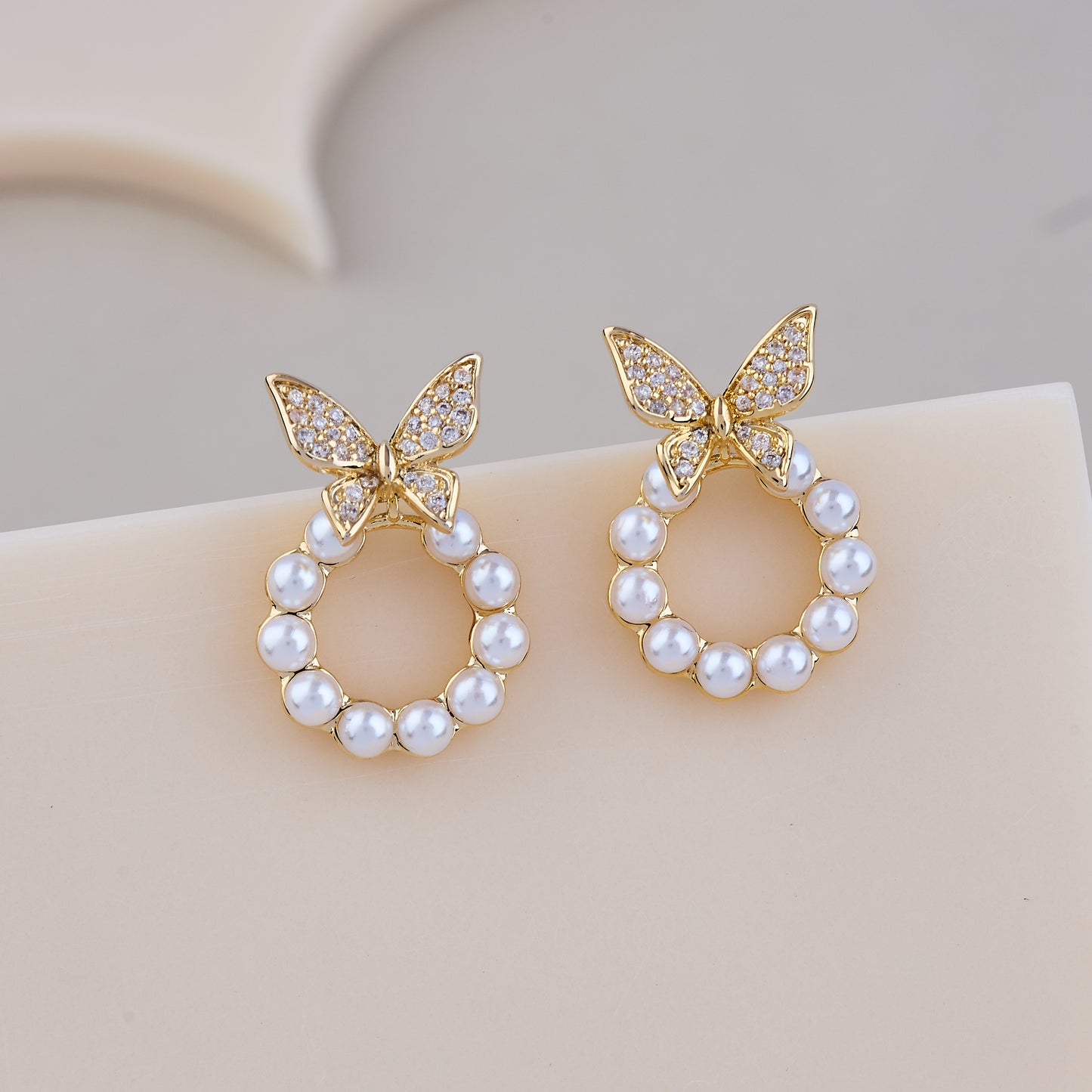 Gold Butterfly Pearl Hoop Earrings