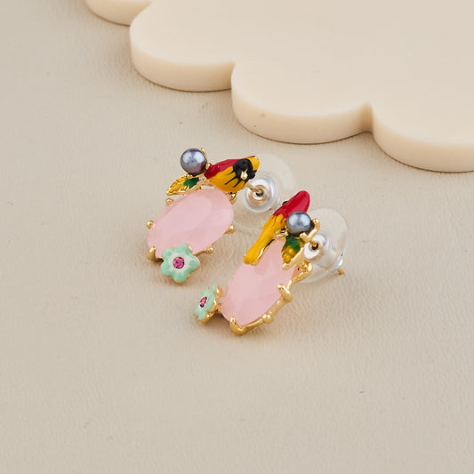 Tropical Bird & Blossom Pink Stone Earrings