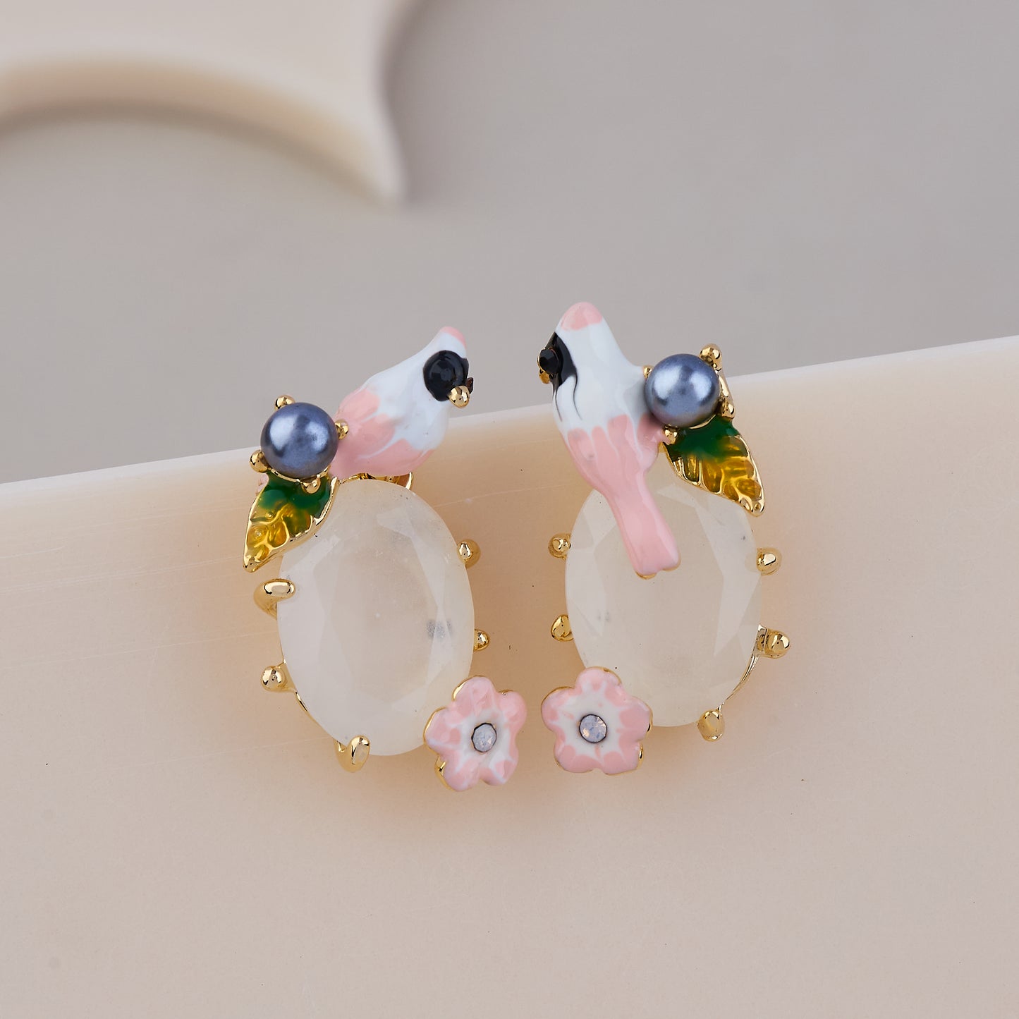 Blush Bird & Blossom White Stone Earrings