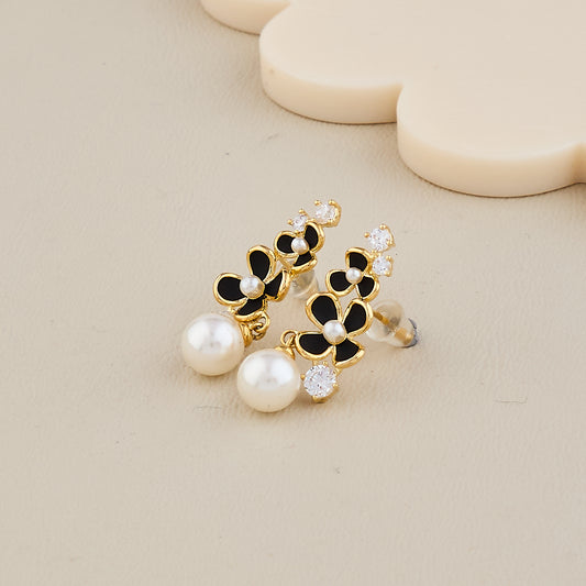 Elegant Noir Blossom Pearl Drop Earrings