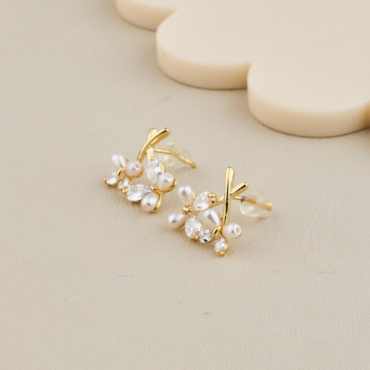 Crystal Petal Vine Pearl Earrings