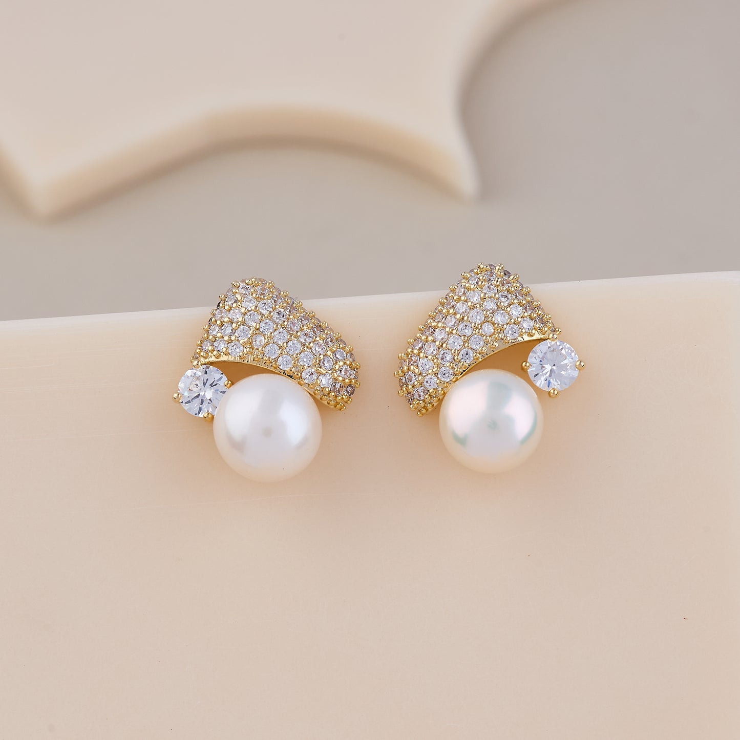 Elegant Pearl & Diamond Fan Stud Earrings