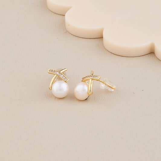 Gold Pearl Cross Stud Earrings