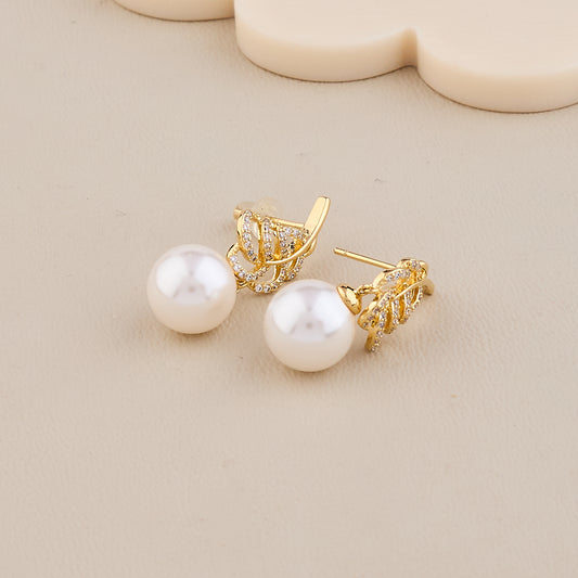 Golden Feather Pearl Drop Earrings