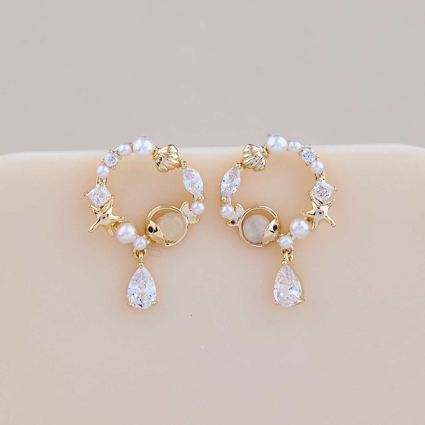 Starfish & Seashell Pearl Hoop Earrings with Dangling Teardrop Crystal