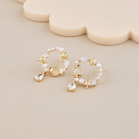 Starfish & Seashell Pearl Hoop Earrings with Dangling Teardrop Crystal