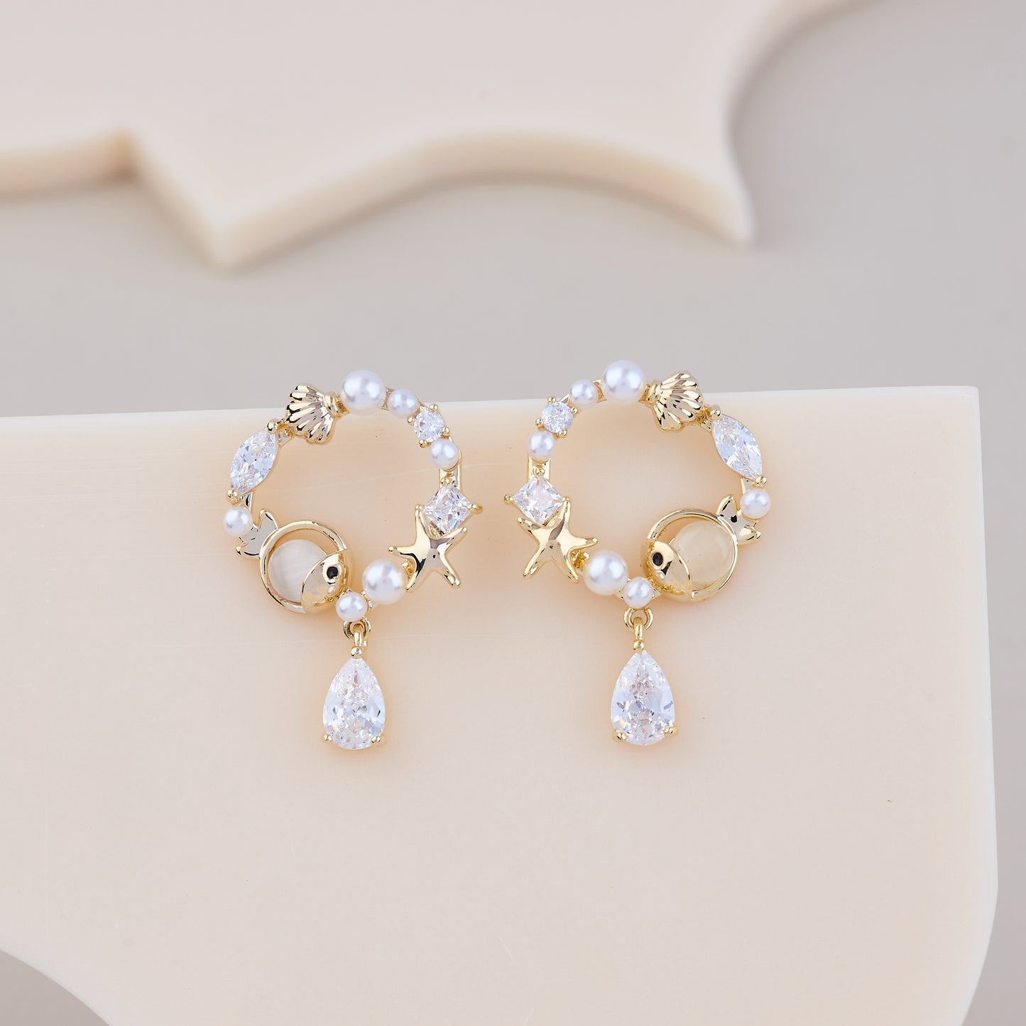 Starfish & Seashell Pearl Hoop Earrings with Dangling Teardrop Crystal