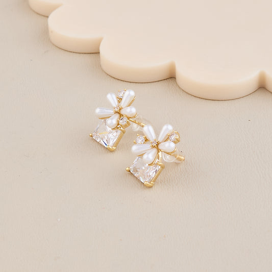Floral Pearl Petal Earrings with Square Crystal Accent