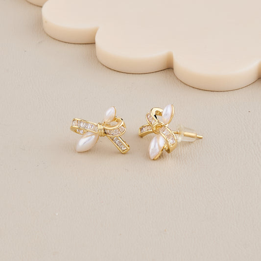 Elegant Pearl Bow Earrings with Crystal Detailing
