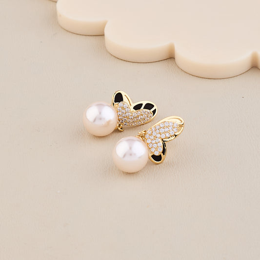 Butterfly Wing Pearl Drop Earrings with Black Enamel & Crystals