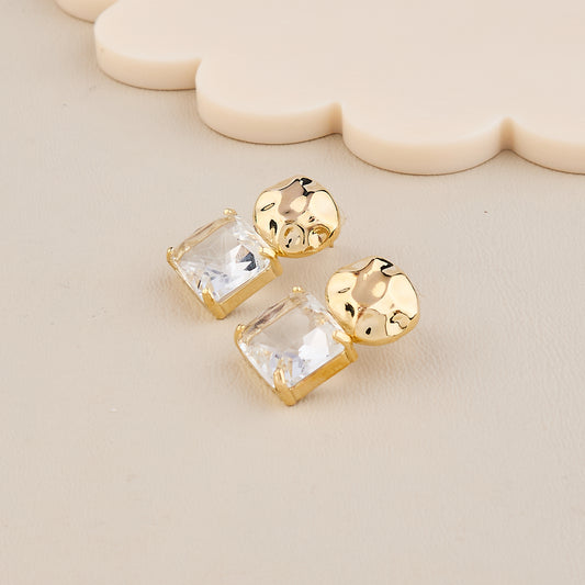 Hammered Gold & Crystal Square Stud Earrings