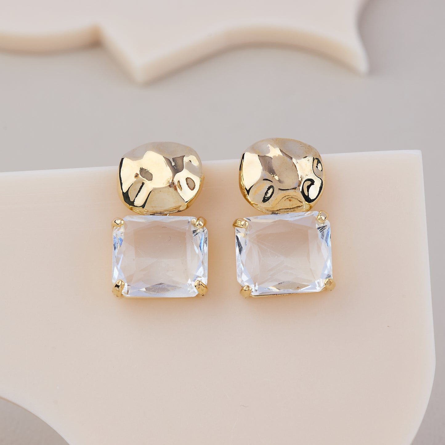 Hammered Gold & Crystal Square Stud Earrings