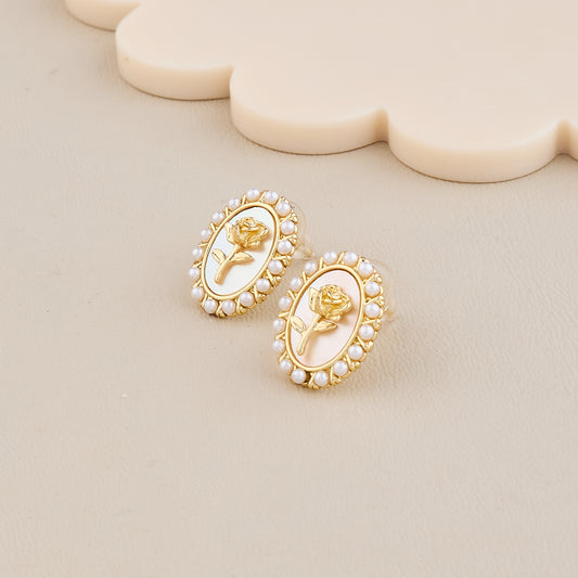 Vintage Rose Pearl-Trimmed Oval Earrings