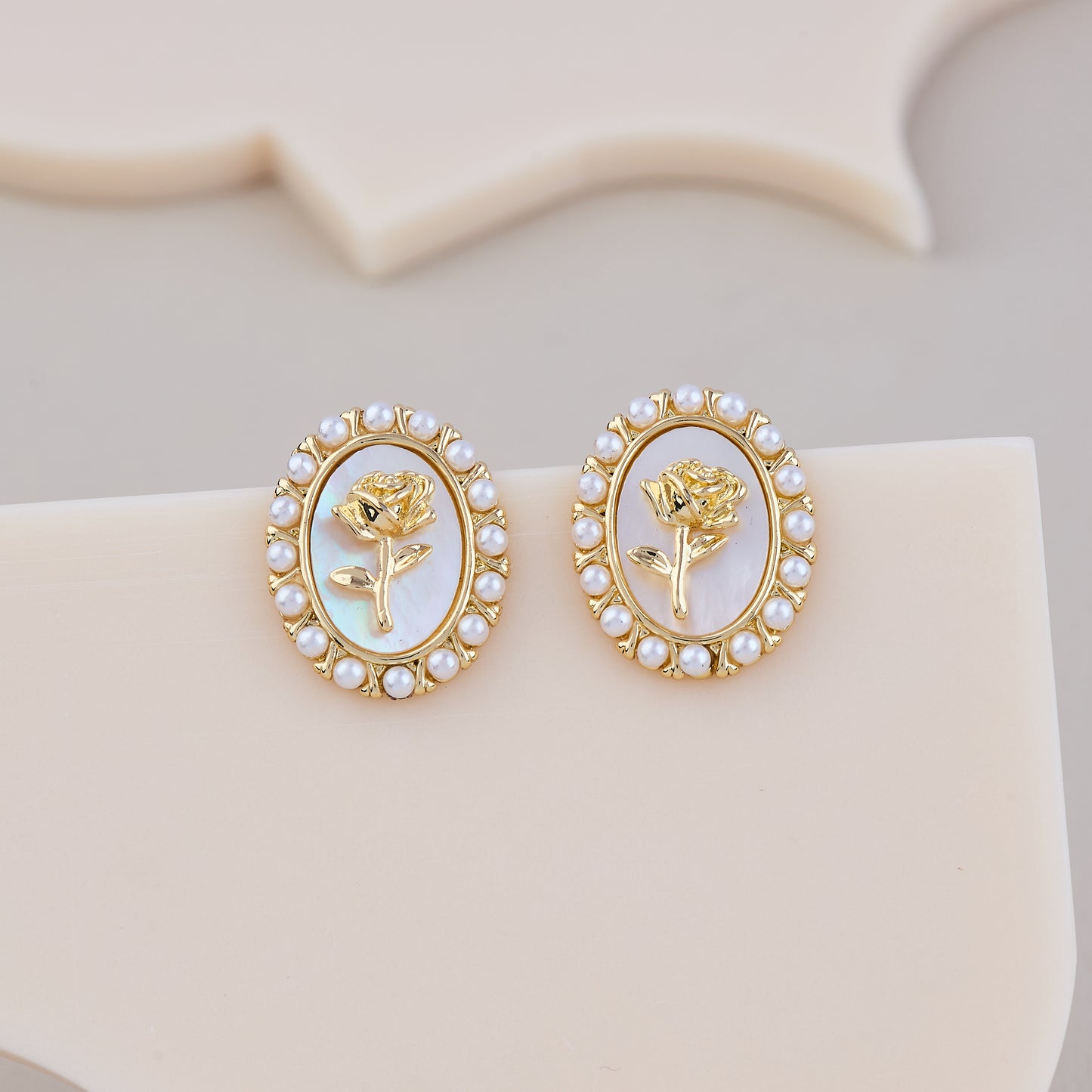 Vintage Rose Pearl-Trimmed Oval Earrings