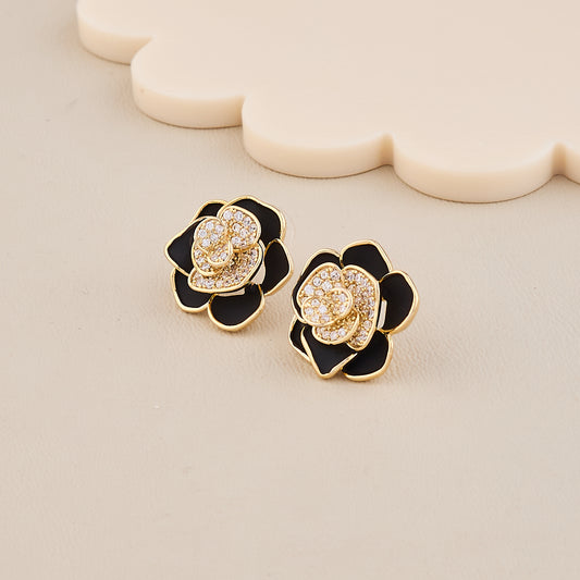 Black Enamel & Crystal Rose Bloom Stud Earrings