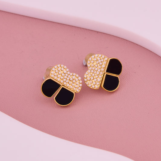 Black Enamel & Pearl Cluster Petal Stud Earrings