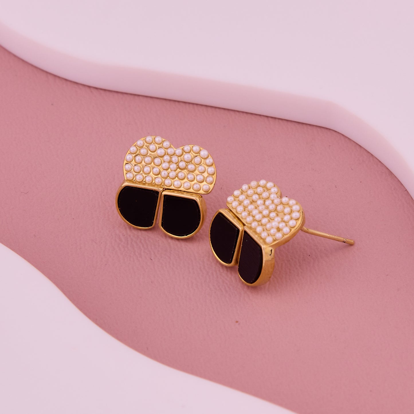 Black Enamel & Pearl Cluster Petal Stud Earrings