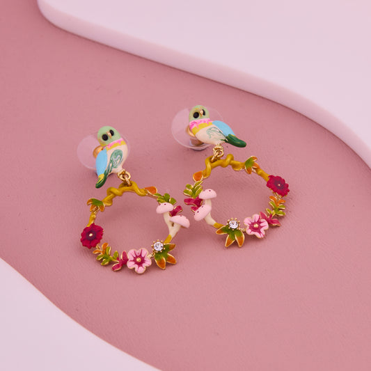 Pastel Parrot & Floral Hoop Earrings