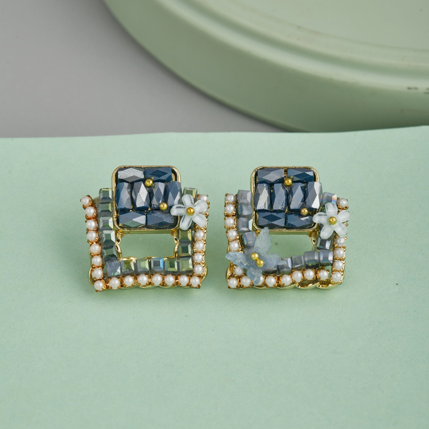Blue Stone & White Flower Earrings Elegant & Stylish Design