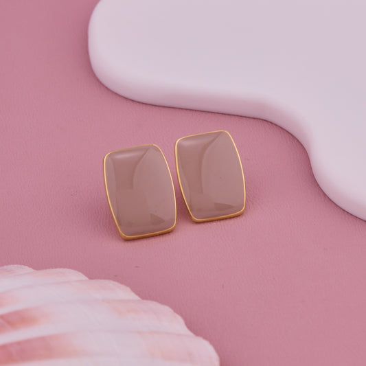 Beige Rectangular Stone Stud Earrings