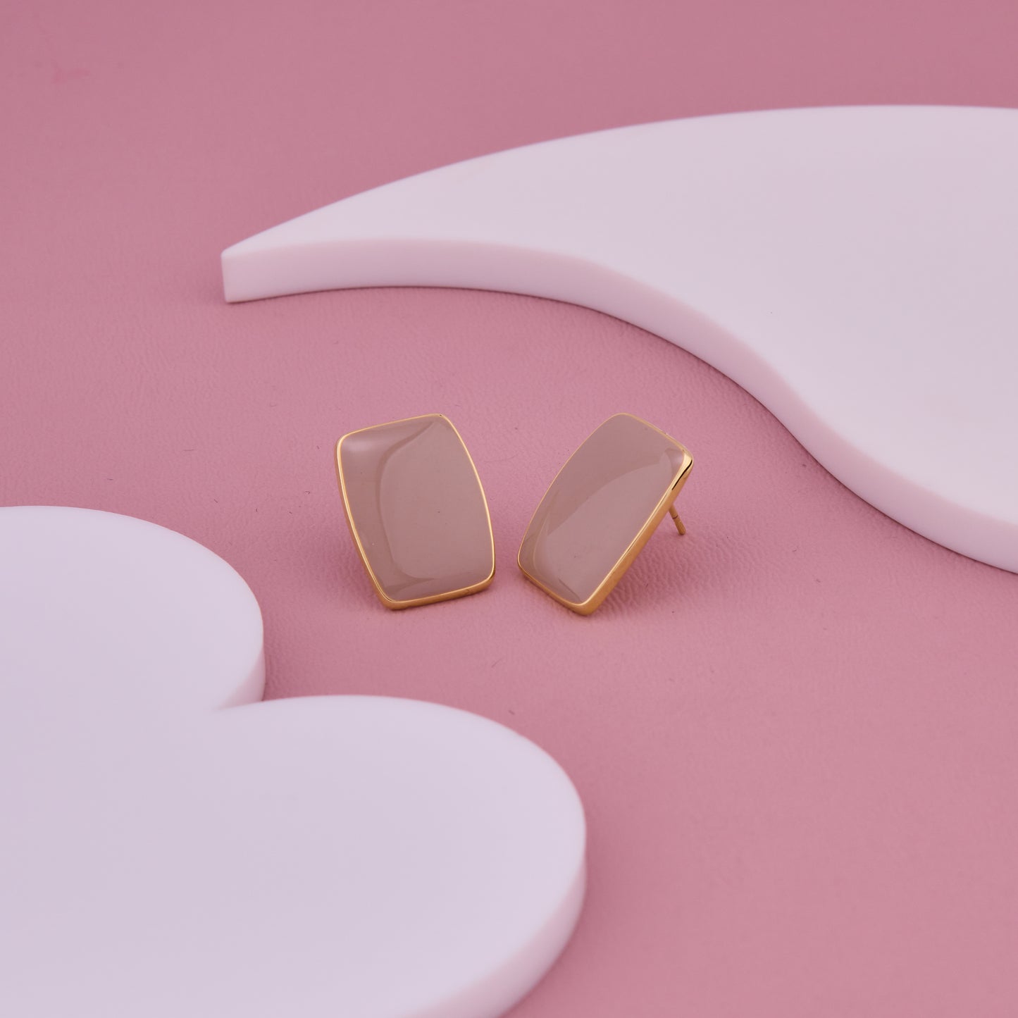 Beige Rectangular Stone Stud Earrings