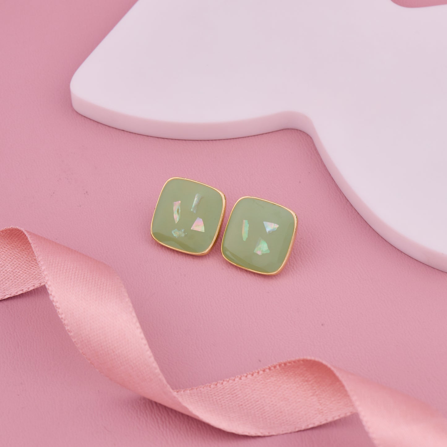 Green Square Glossy Stud Earrings with Iridescent Detailing