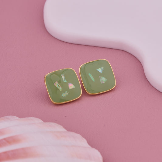 Green Square Glossy Stud Earrings with Iridescent Detailing